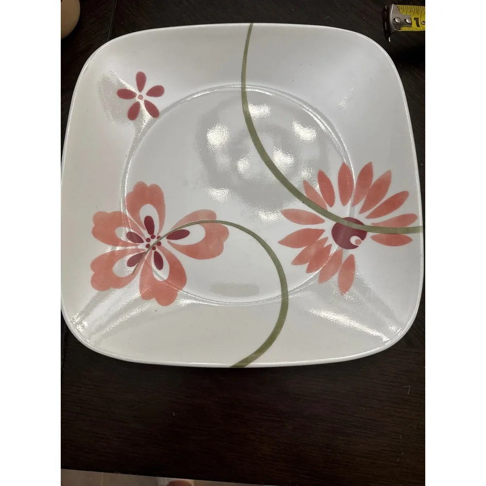 Corelle Kyoto Night Square Dinner Plate 10.5 Pink‎ Floral Vitrelle Glass USA